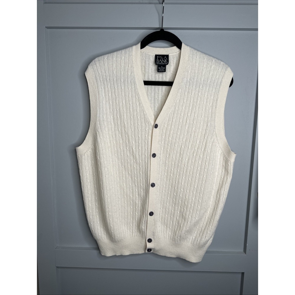 VTG JOS.A.BANK Cashmere‎ Sweater Button DownVest Men's Small Cream Cable Knit